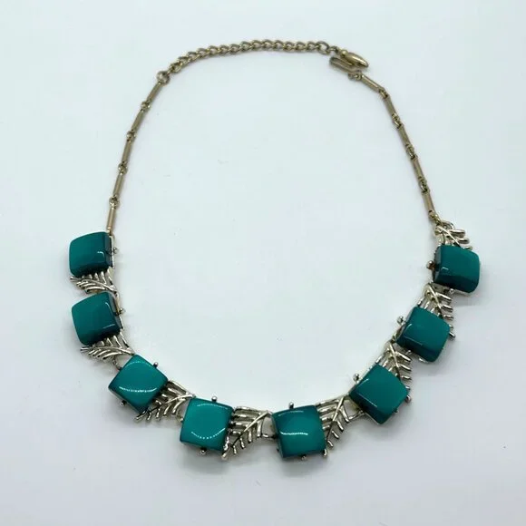 Vintage Coro Necklace Teal Thermoset Leaf Choker Necklace Mid Century Modern - Picture 2 of 16